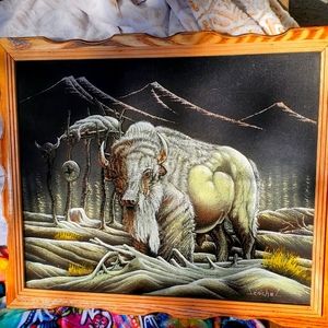 Vtg Ernesto Sanchez Buffalo painting on black velvet
